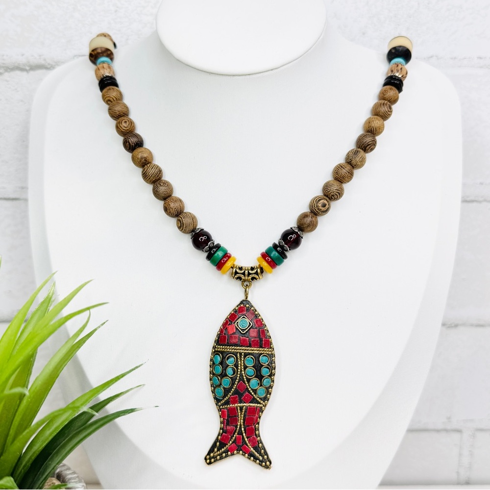 Vintage 70s Tibetan Style Mosaic Inlay Fish Brass Pendant Wood Bead Necklace